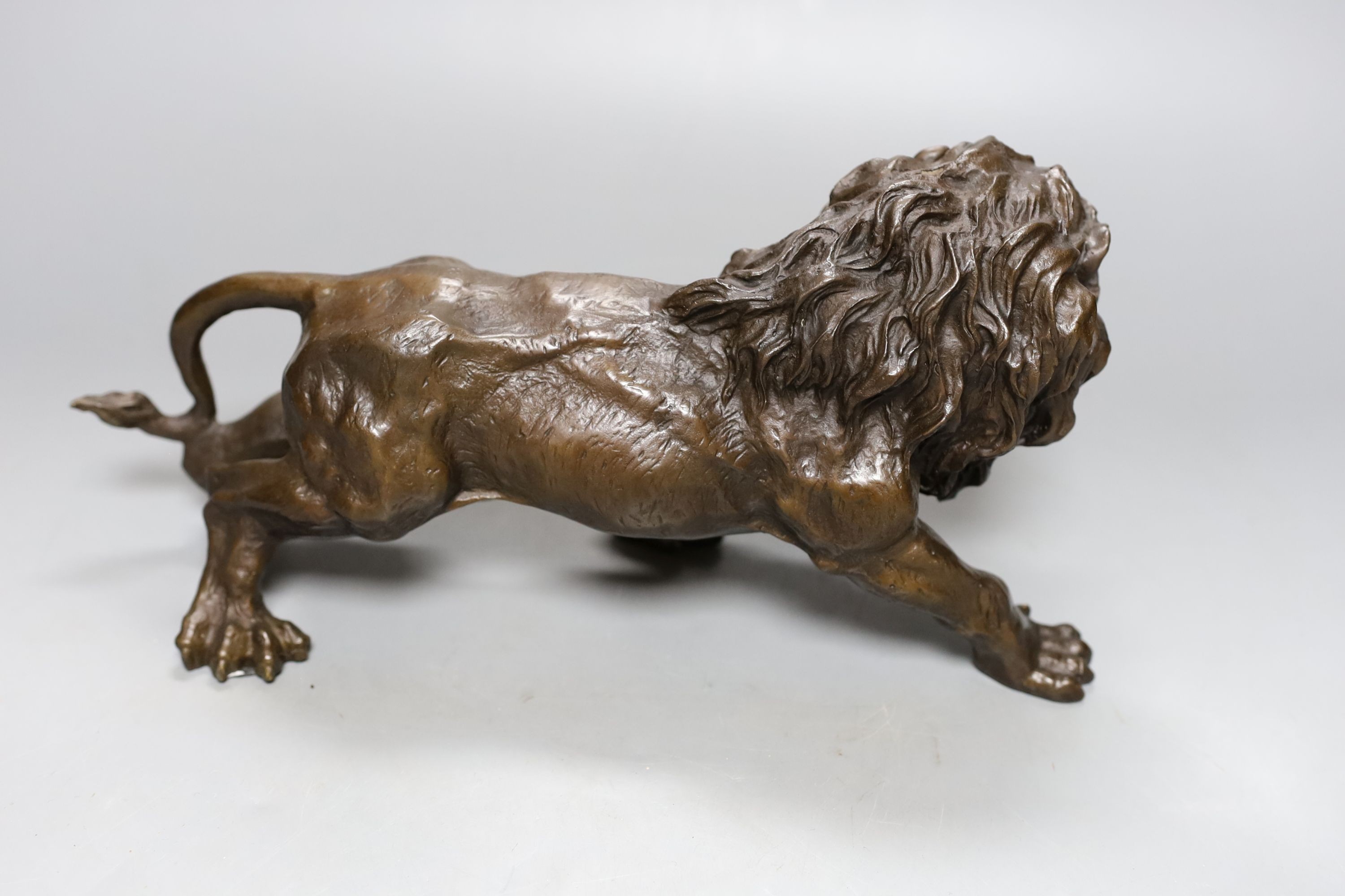 A bronze lion, bearing a signature, Rodin, 31cm.